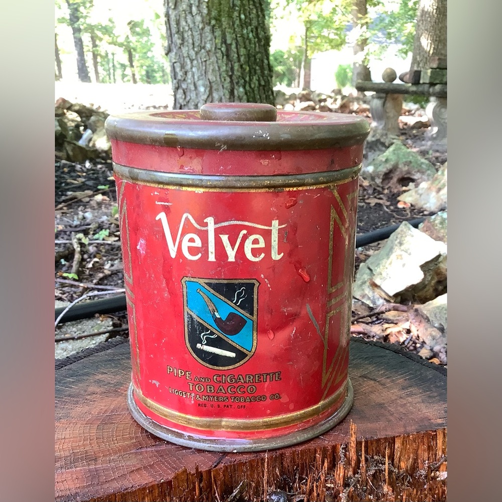 Vintage 1920s Velvet Pipe & Cigarette Tobacco Round Tin